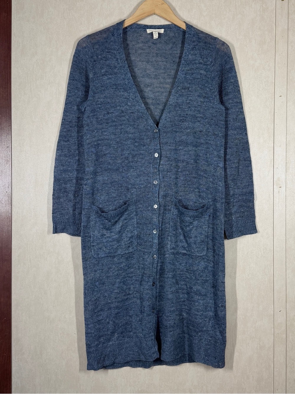 Eileen Fisher Women’s 100% Linen Long Duster Cardigan Sweater V-Neck in Blue XS